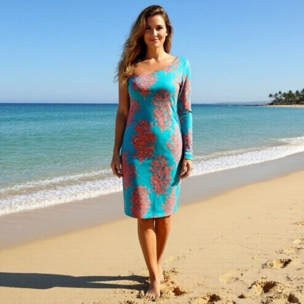 Lilly Pulitzer Whitaker One Sleeve Turquoise Coral Print Dress‎ Cotton Silk